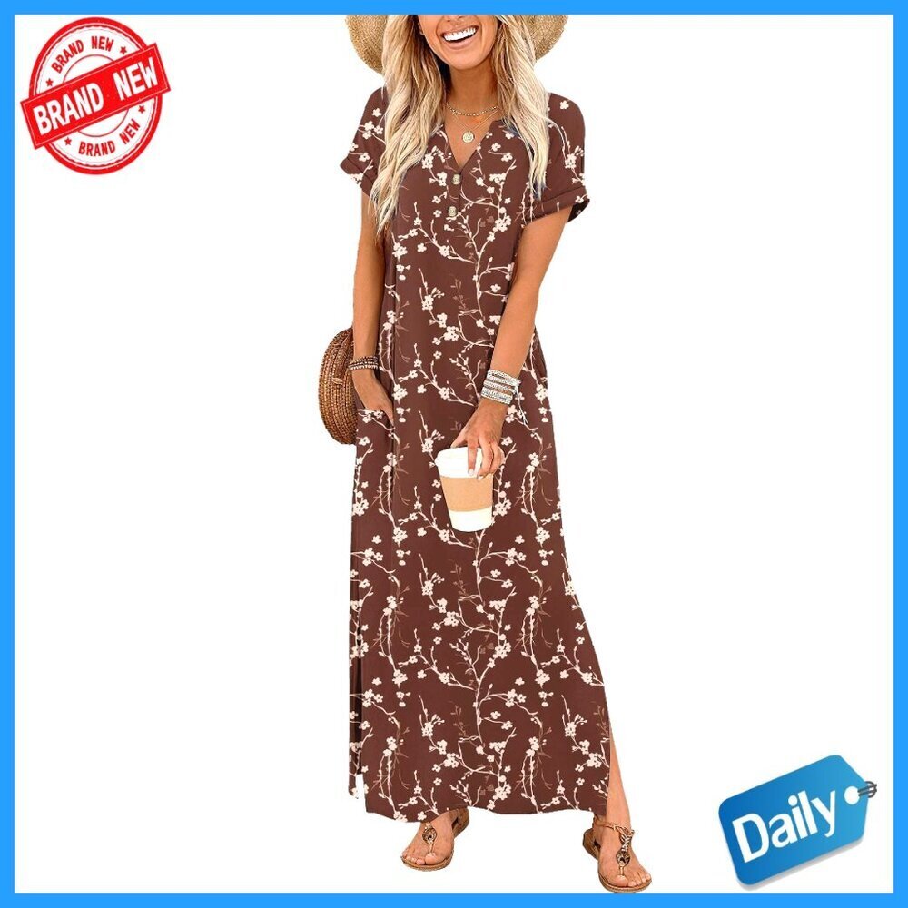 Maxi Dress with Pockets, Side Slit, V-Neck, Casual Summer Sundress